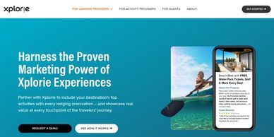 Website homepage promoting Xplorie's marketing platform for travel experiences.