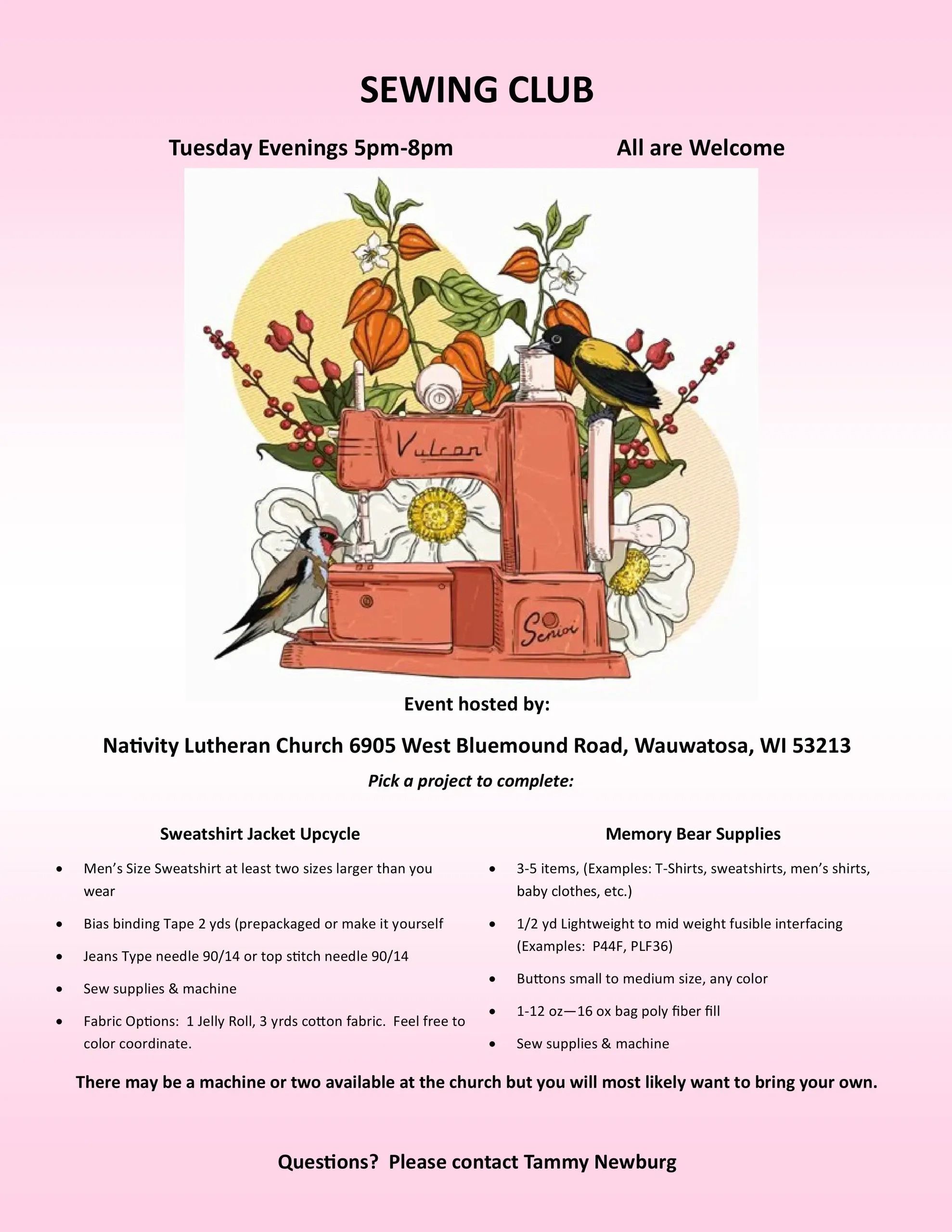 Sewing Club meeting announcement with vintage sewing machine and birds illustration.