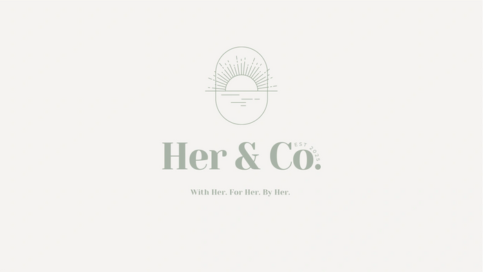 Minimalist logo for Her & Co. featuring a sunrise illustration and empowering tagline.