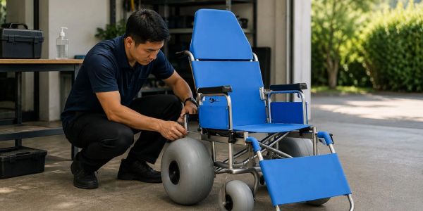 A professional technician inspecting and maintaining an all-terrain beach wheelchair, representing S