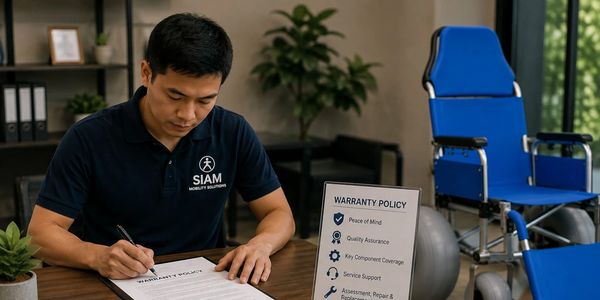A professional Siam Mobility Solutions service representative reviewing warranty coverage for a beac