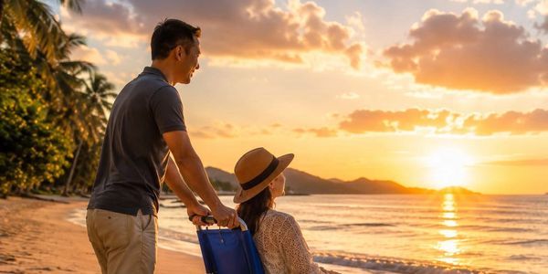 A sunset beach scene featuring an all-terrain wheelchair, reflecting Siam Mobility Solutions' dedica