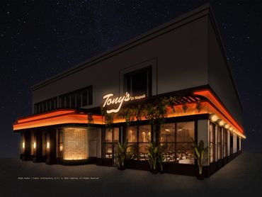 Night view of Tony's Italian restaurant with warm lighting.