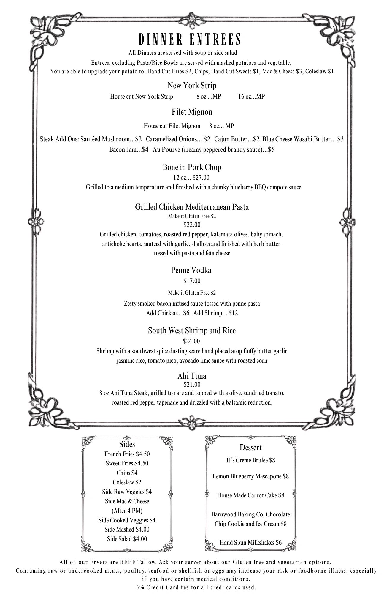 Dinner entrees menu with steak, pasta, shrimp, and sides.