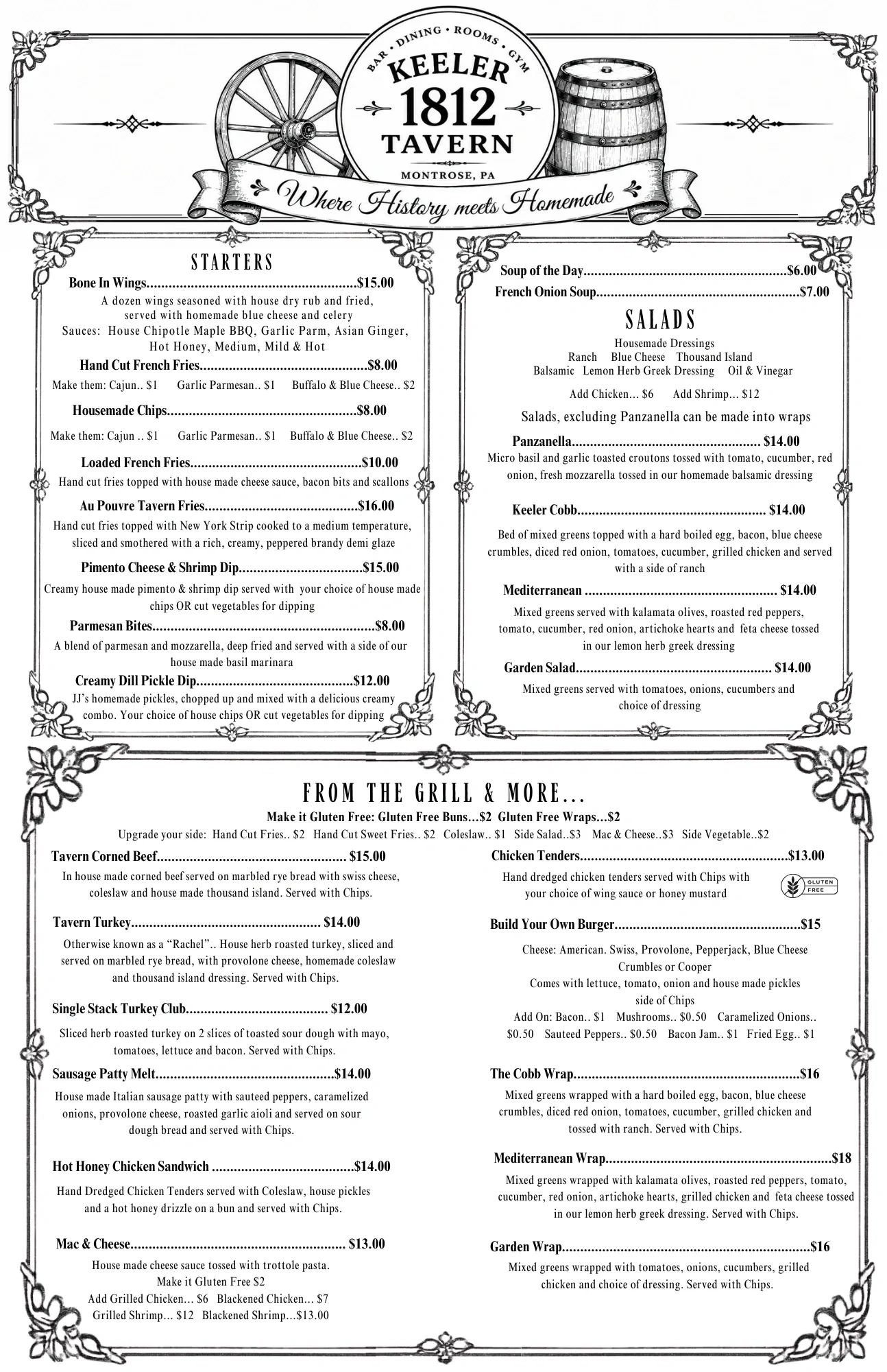 Vintage-style menu from Keeler 1812 Tavern with starters, salads, and grill options.
