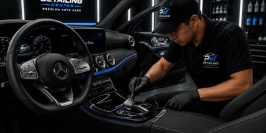 Profesional detallando el interior de un automóvil de lujo.