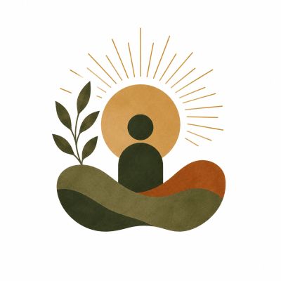 Abstract figure with sun and leaf, earthy tones.