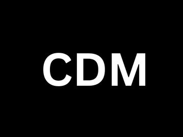 White letters 'CDM' on a black background.