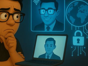 A man contemplates digital identity verification with holograms and cybersecurity icons.