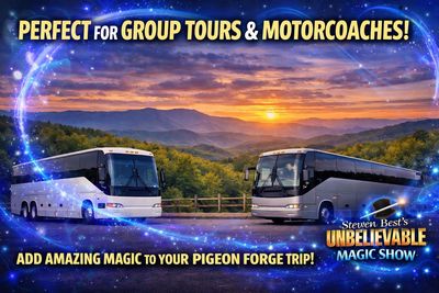 Motorcoach tour buses in the Smoky Mountains promoting group bookings for pigeon forge magic show.
