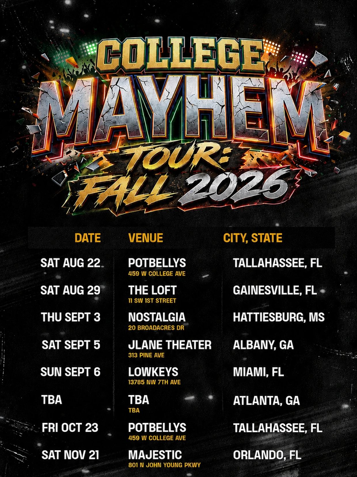 Tour dates and venues for College Mayhem Fall 2026.