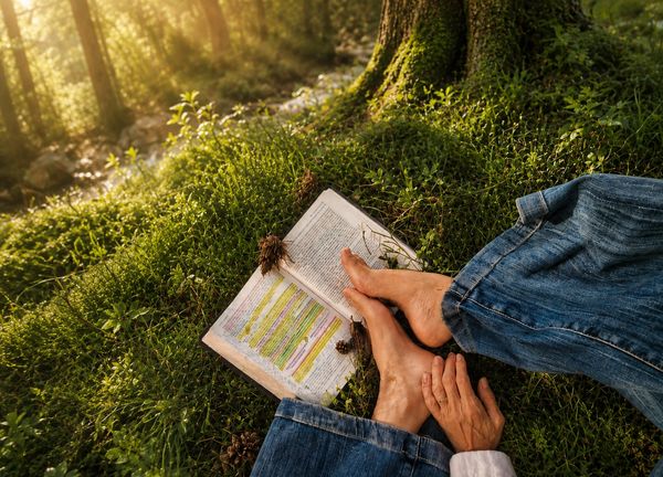 Person reading a book outside in nature.