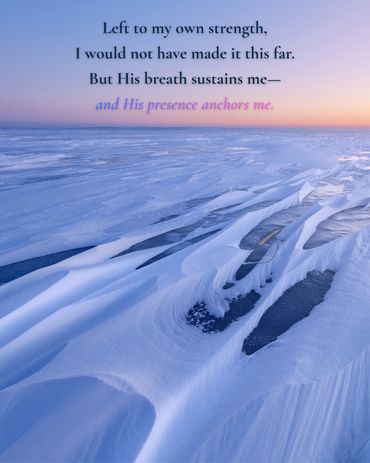 Snow drift blanketing across the ocean, in soft pinks, purples; poem on how God's presence anchors