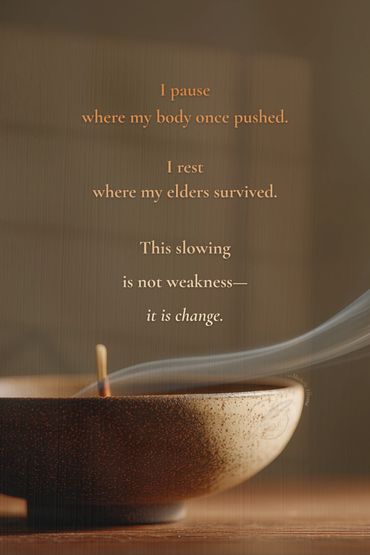 Soft, warm-toned image of a ceramic bowl in quiet light, reflective text about pausing and resting