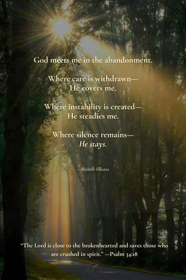 Sunlight beams through a forest. Visible quote speaks about God meeting the writer in abandonment,