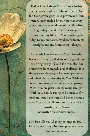 A vintage botanical with a single white flower beside a prayer of surrender, grace, and faithfulness