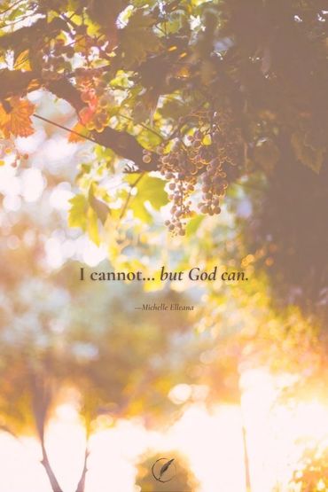 Quote by Michelle Elleana over sunlit grapevines and golden light — I cannot, but God can.