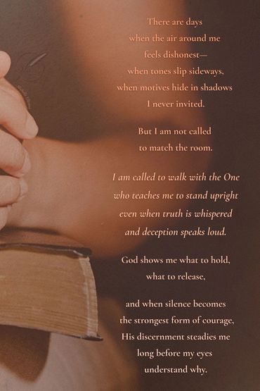 Hands holding a Bible with a faith-centered poem about discernment and courage.