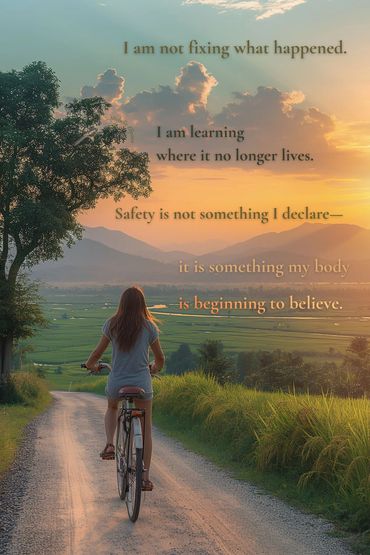 Woman cycling a country road at sunset with a poem about healing, safety, learning to believe again