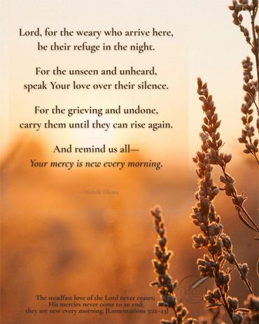 Sunrise over a wheat field, with a prayer reminding us all how God's mercy is new every morning