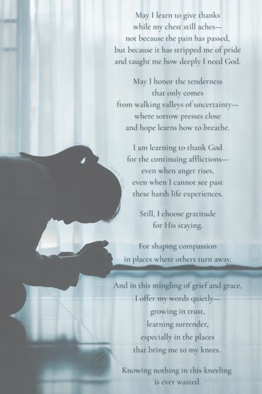 Silhouette in prayer with a faith-centered poem about gratitude, surrender and learning through pain
