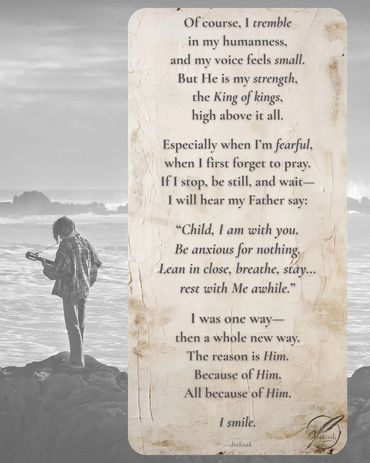 A young adult plays guitar along the ocean; poem expressing "Be anxious for nothing, I am with you"