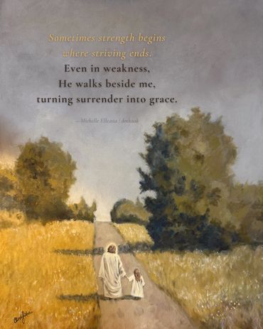 A painting by Christina Findleton "Opening Pathways" of Jesus walking beside a beloved child of God