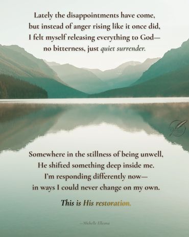 Reflections of lake and mountains, soft teal hues, poetry echoing quiet surrender with God's healing