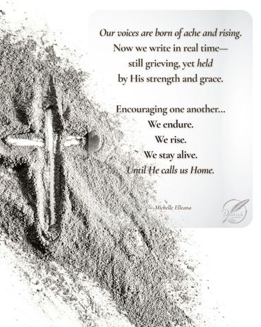 Ashes across the page with a cross drawn in the center; encouraging poem about how we rise, endure