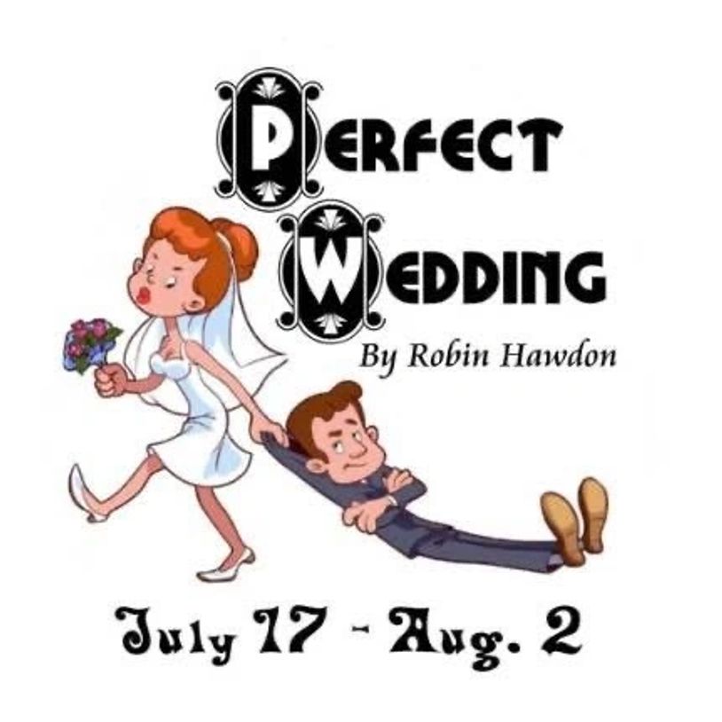 Cartoon bride dragging reluctant groom for 'Perfect Wedding' show.