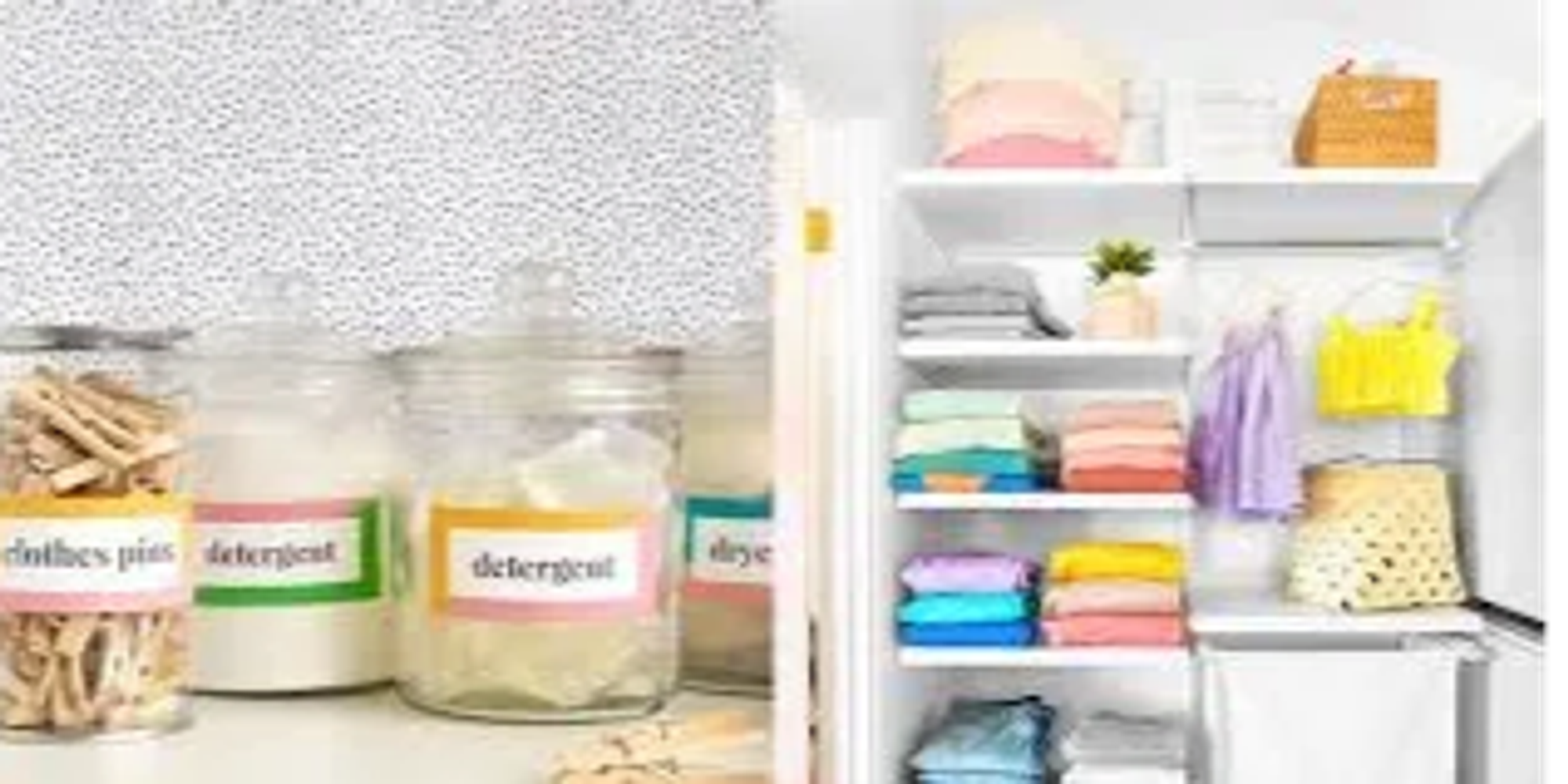 Organized detergent and clothes in a neat storage area.