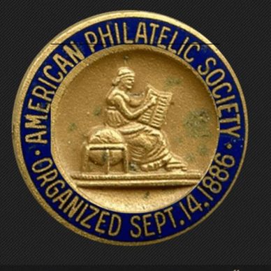 Vintage American Philatelic Society pin with blue and gold design.