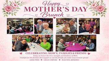 Collage of joyful family moments at a Mother's Day brunch celebration.