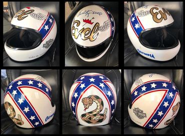 Hand painted Evel Knievel helmet using acrylic and enamel paints