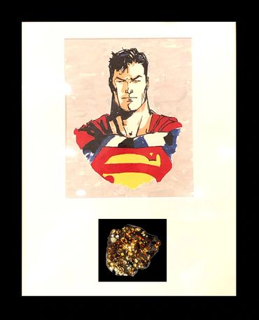 Acrylic on canvas painting of Superman, framed and matted with an actual Pallasite meteorite.