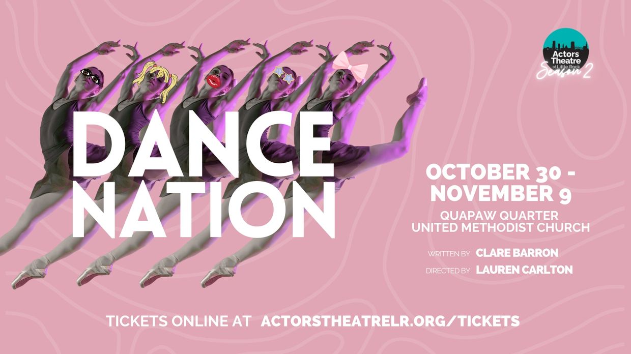 Dance Nation play with colorful overlays and event details on a pink background.