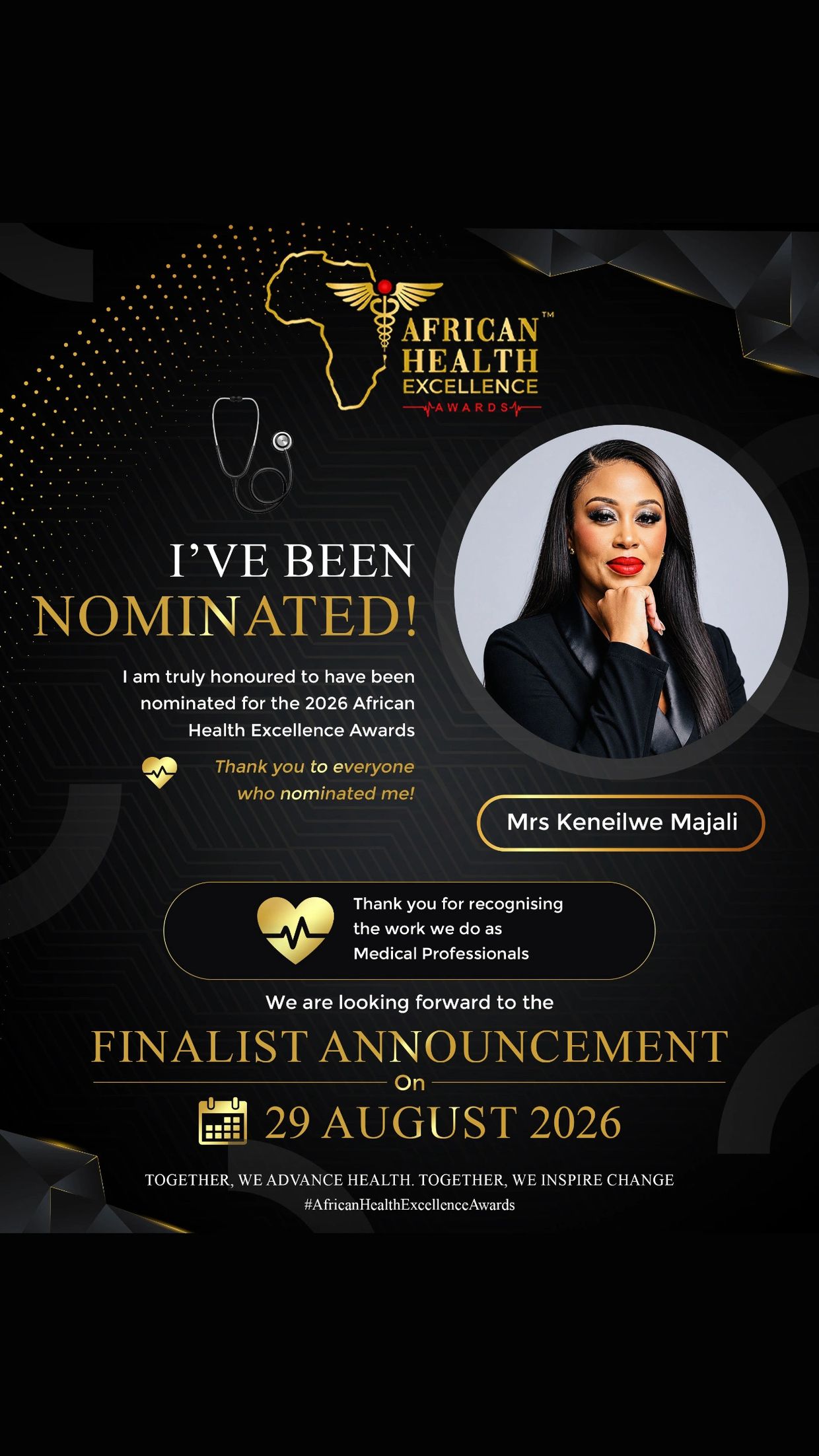 Announcement of Mrs. Keneilwe Majali's nomination for the 2026 African Health Excellence Awards.