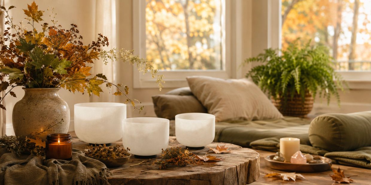 Cozy autumn decor with candles, leaves, and cushions.