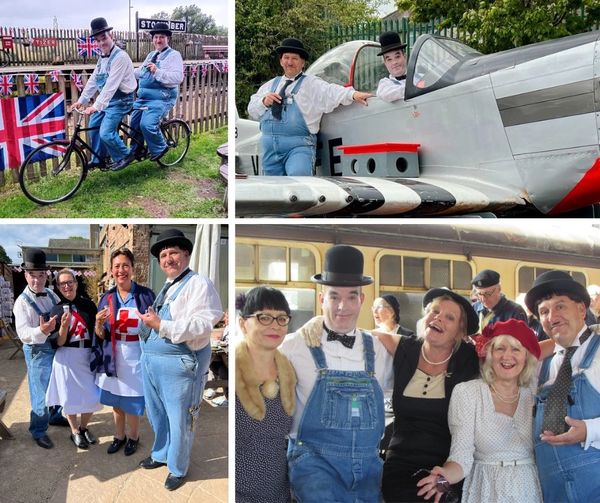 People dressed in vintage costumes enjoying various activities and posing for photos.