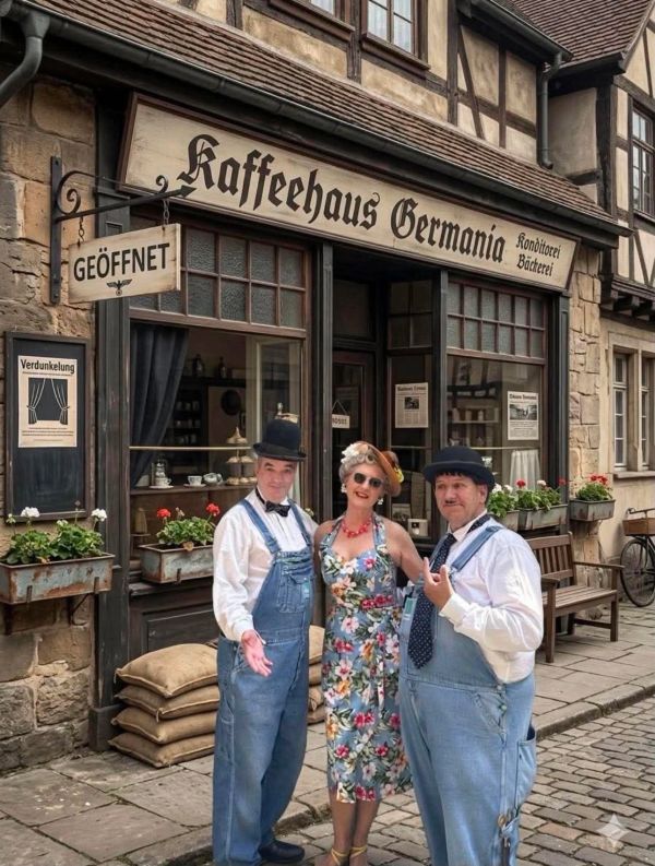 Three people in vintage attire pose outside Kaffeehaus Germania in a quaint German street.