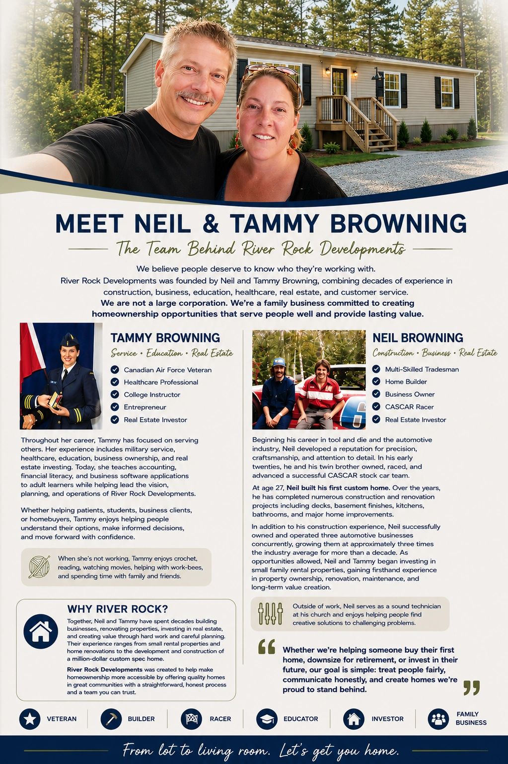 Meet Neil and Tammy Browning, founders of River Rock Developments, dedicated to creating lasting homeownership value.