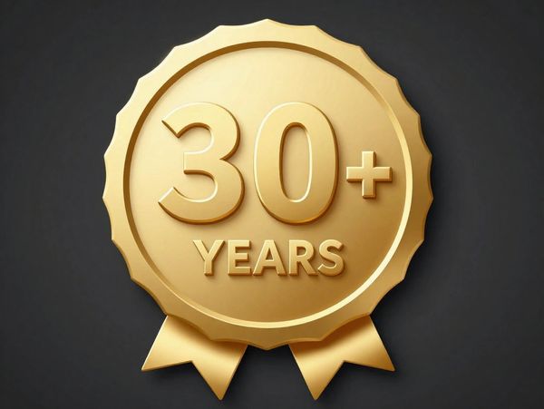 Gold badge with '30+ years' text.