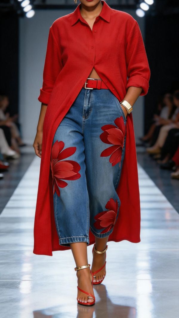 Model wearing red long coat, floral jeans, and red heels on runway.