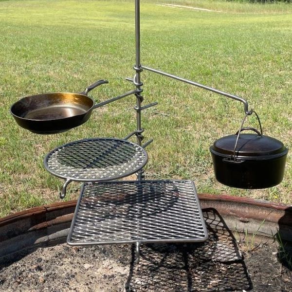 Custom hand forged swivel campfire grill with four attachments
