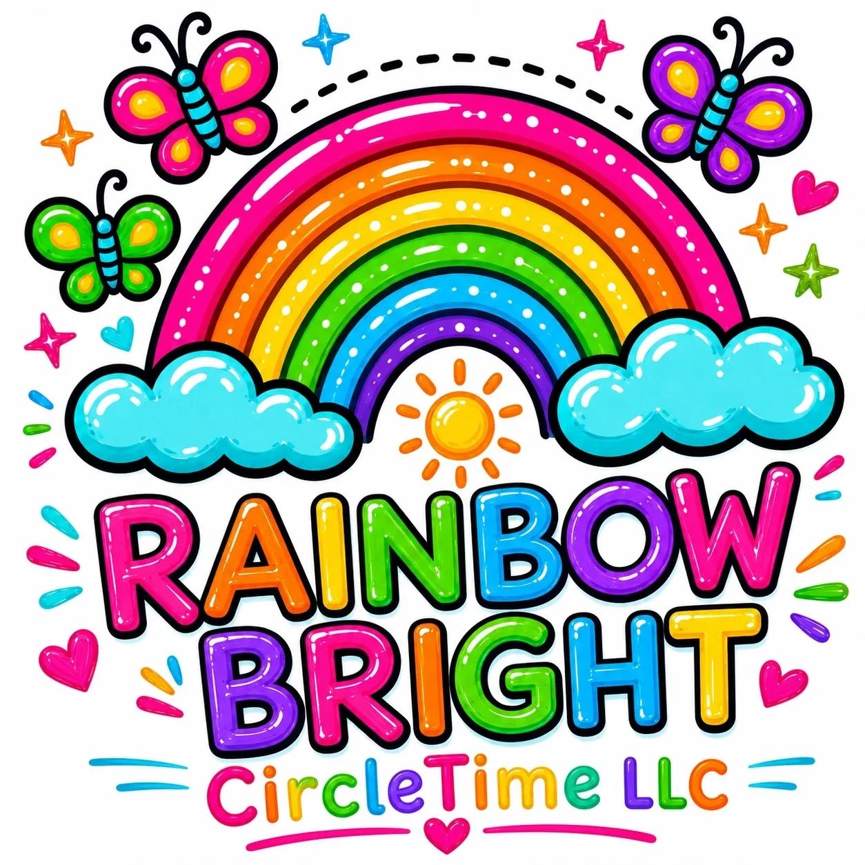 Colorful rainbow with butterfliesand the words Rainbow Bright CircleTime LLC.