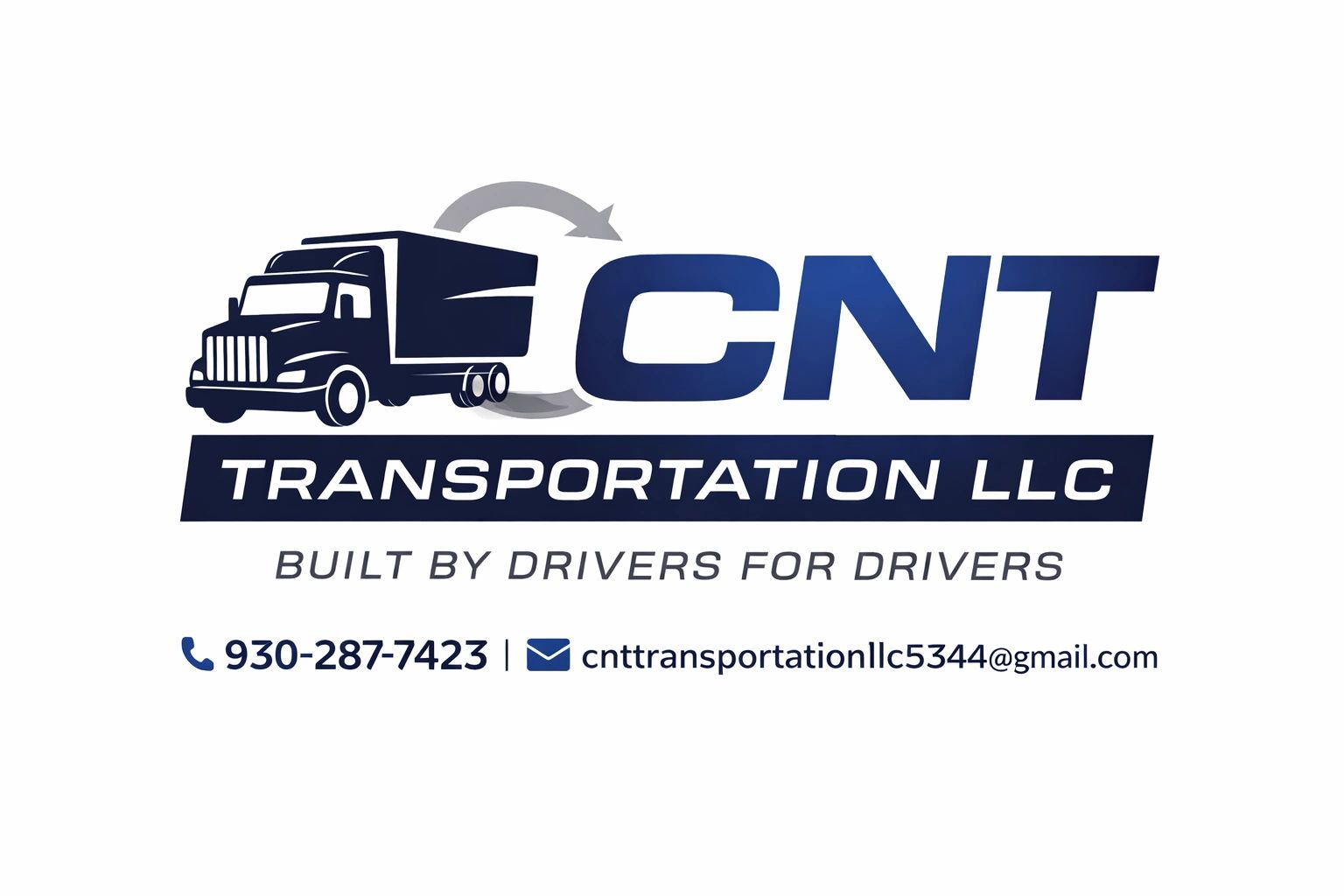 Logo for CNT Transportation LLC with contact info and truck graphic.