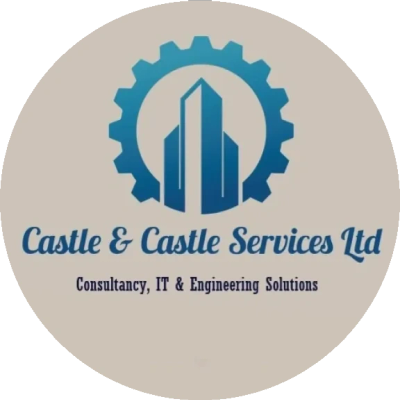 Logo of Castle &amp; Castle Services Ltd, showing a gear and building design.
