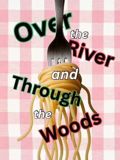 Fork twirling spaghetti with text overlay on checkered tablecloth.