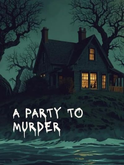 Dark, eerie house with lit windows and spooky text.