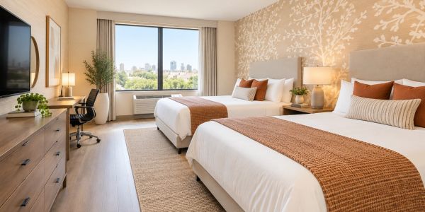 Bright hotel room with two beds and a city view.